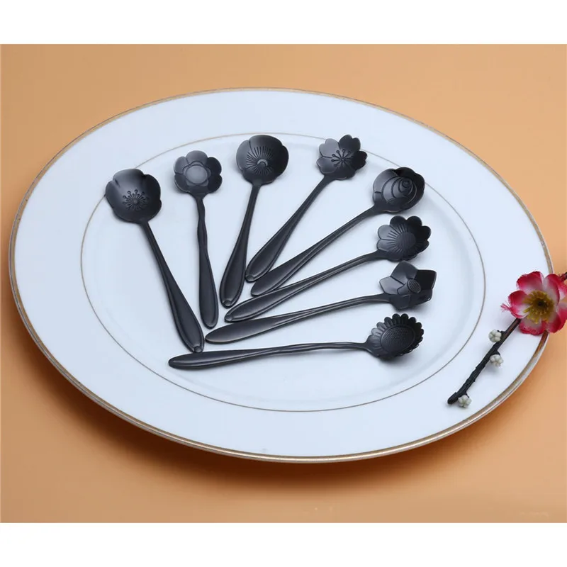 Mrosaa KC-FS01 1 шт. черная из нержавеющей стали в форме цветка кофейная сахарная ложка чайная ложка Мороженое чайная ложка для кофе