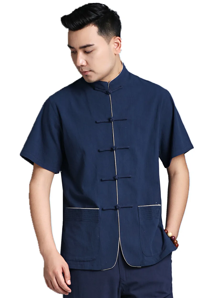 Dark Blue Шанхай история китайский стиль Тан костюм топ мужское хлопковое белье рубашка повседневное мужской воротник стойка костюмы свободные плюс размеры - Цвет: Dark Blue