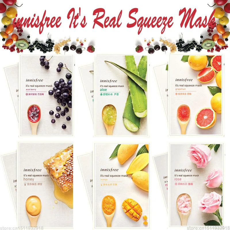 Henna 6PCS/Lot It's Real Squeeze Mask Moisturizing Sheet Anti-Aging Smooth Skin Innisfree Korea Cosmetics Facial |