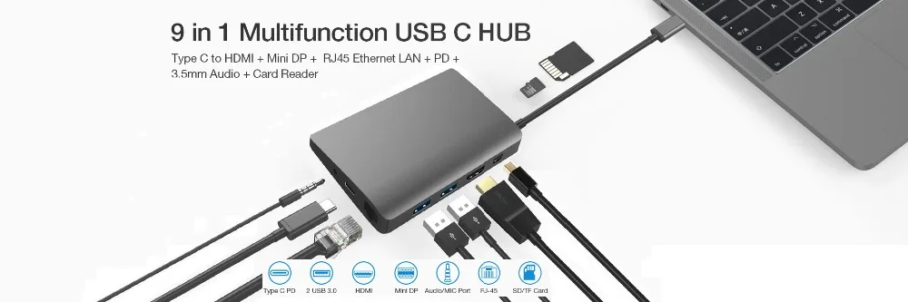 USB-C type C концентратор USB 3,0 HDMI 4K RJ45 Gigabit Ethernet VGA SD TF кард-ридер для Macbook Pro huawei P20 pro адаптер USB-C концентратор