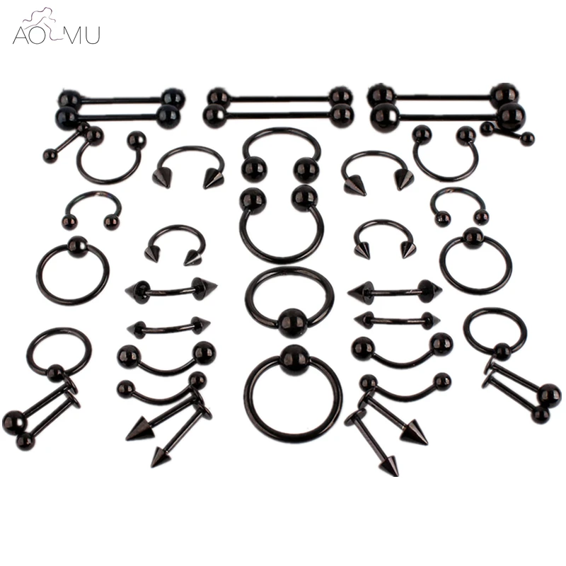 5pc/lot Black Stainless Steel Eyebrow Navel Belly Lip Labret Bar Tongue Nose Ring Tragus Ear Piercing Barbell Tunnel Body Jewely