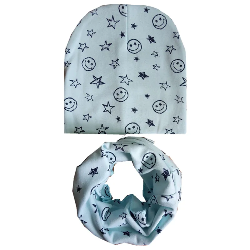 light blue smile Коллекция года, осенне-зимний детский комплект с шапкой со звездой и смайликом, детский головной убор на весну, теплые детские вязаные шапки с воротником, комплекты хлопковая детская шапка и шарф - Цвет: light blue smile