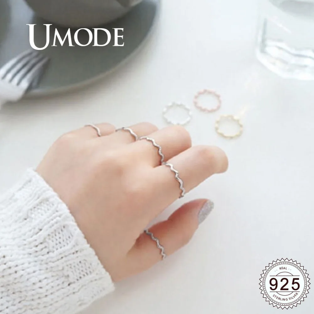 UMODE изгиб волна 925 пробы серебряные кольца наборы вечерние ювелирные изделия для женщин Простые модные корейские кольца аксессуары ULR0725
