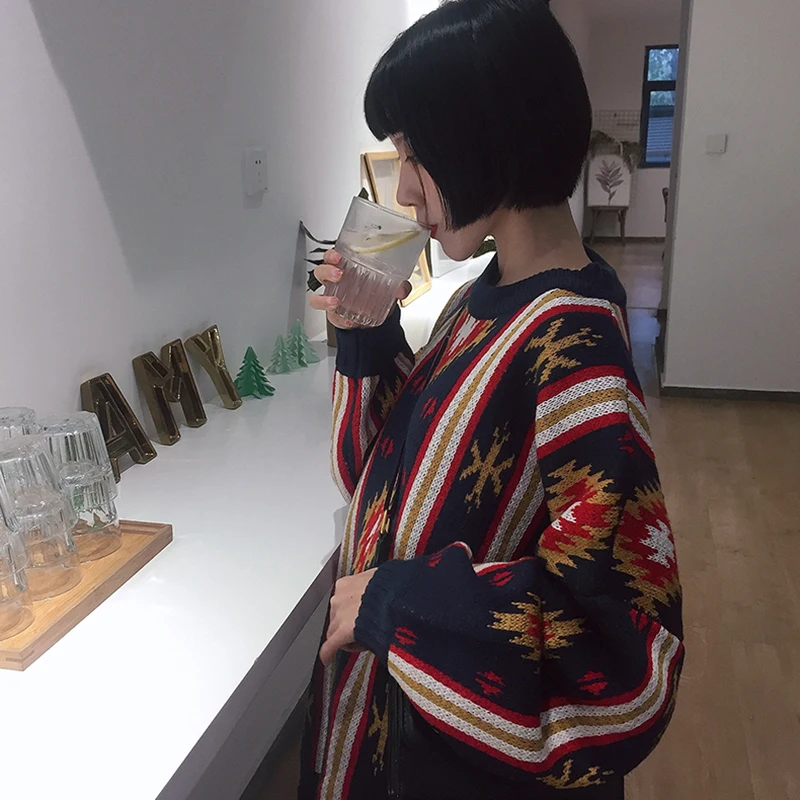 Autumn winter sweater women 2020 New Retro national wind Thicken Loose BF Long Knit pullovers Long-sleeve Female WYT612 | Женская одежда