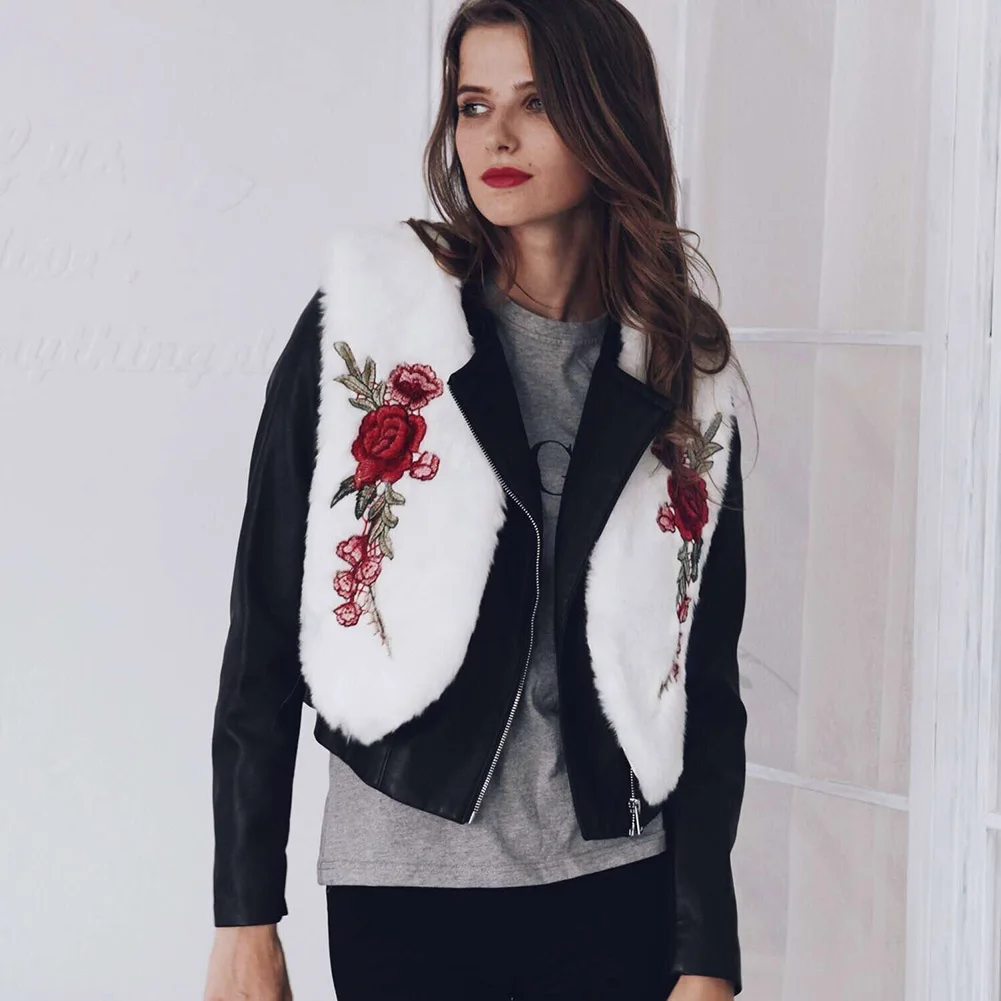 

Fashion Women Faux Fur Short Vest Winter Warm Sleeveless Embroidery Rose Coat Outwear VestsH8