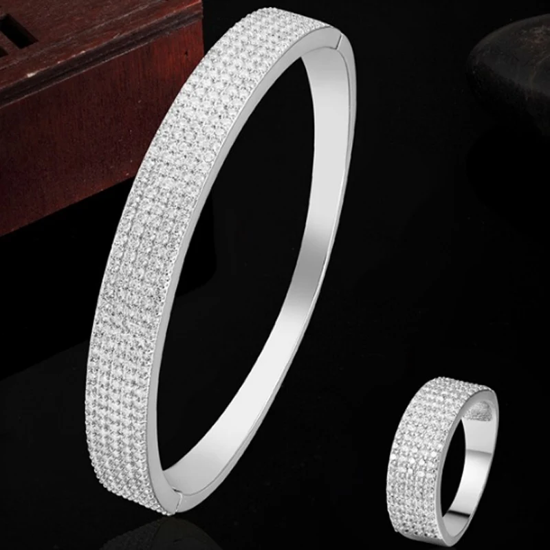Theresa jewelry brand luxury 5 line AAA zircon micro pave setting Bangle with ring set classic all body bracelet | Украшения и