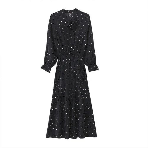 

Autumn Korean Full Sleeve Black Bow Pleated Midi Womens Dress Elegant Chiffon Dot High Waist Vintage Women Long Maxi Dresses