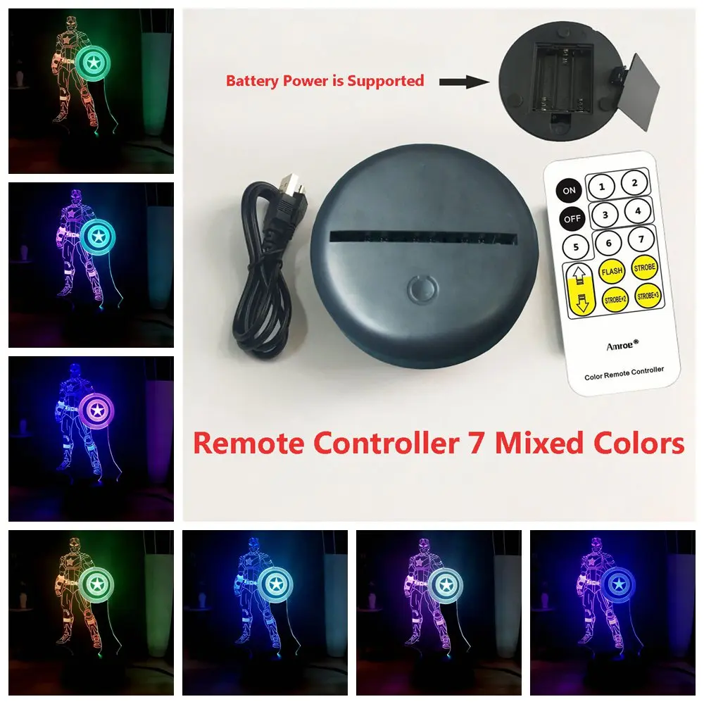 Remote One 7 Color Светодиодный 3d-ночник Marvel Капитан Америка USB сенсорный пульт дистанционного прикроватная лампа Детская комната Декор Детский подарок на день рождения Рождество многоцветный - Испускаемый цвет: Remote One 7 Color