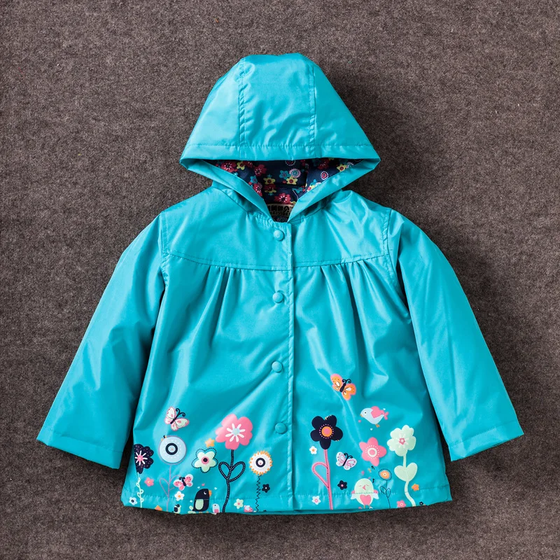 

2018 Spring Girls Jackets Cute flowers printing Button Hooded Outerwear Kids coats waterproof raincoat Toddler for Girls Clothes