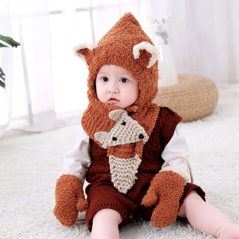 6 months to 3 Years old cartoon fox beanies hats sets wool kids soft winter 3 pcs baby boys girl scarf hat glove set
