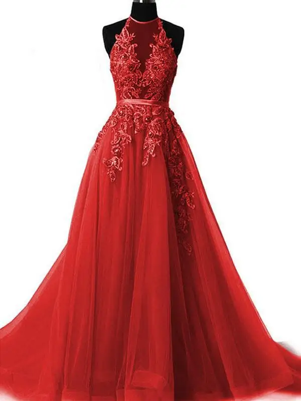 Красный Robe De Soiree, с аппликацией, сексуальные, с открытой спиной, длинные, вечерние платья, для невесты, для банкета, элегантные, длина до пола, женские, вечерние, на выпускной, с бретелькой через шею - Цвет: Красный
