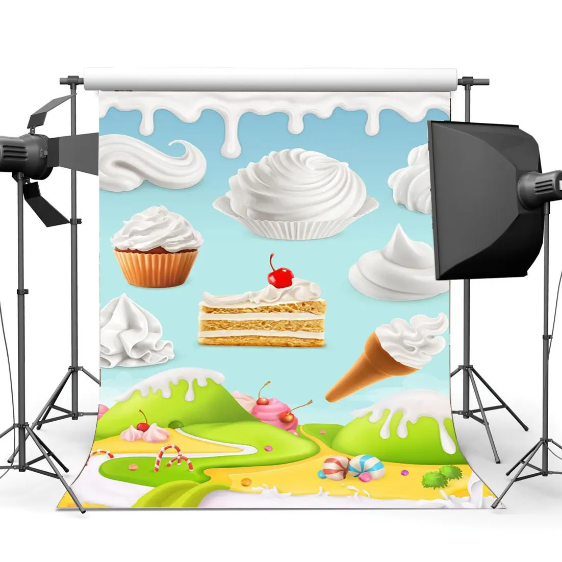 

Girl's 1st Birthday Backdrop Sweet Baby Shower Backdrops Cake Smash Ice Cream Candy Cane Lollipops Background