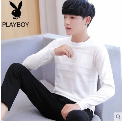 Толстовка Playboy осенний свитер Мужская Корейская версия тонкая нижняя рубашка трендовый Молодежный красивый свитер с длинными рукавами - Цвет: Бежевый