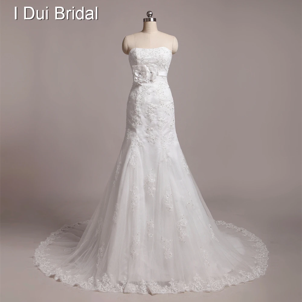 

Dot Tulle Lace Appliqued High Quality Real Photo Wedding Dresses Custom Make Strapless Handmade Flower
