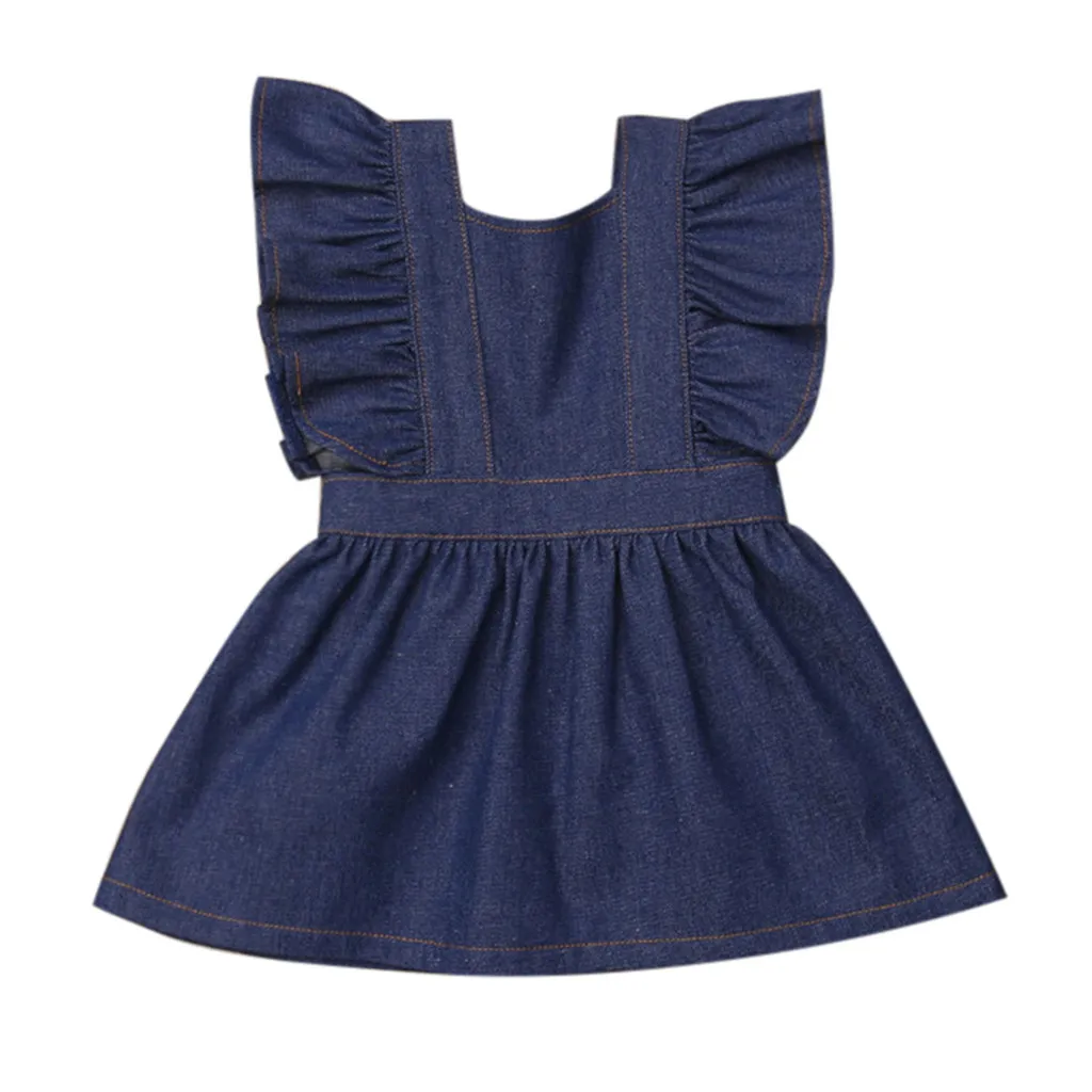 Платье для девочек однотонная джинсовая одежда с рюшами и рукавами-крылышками