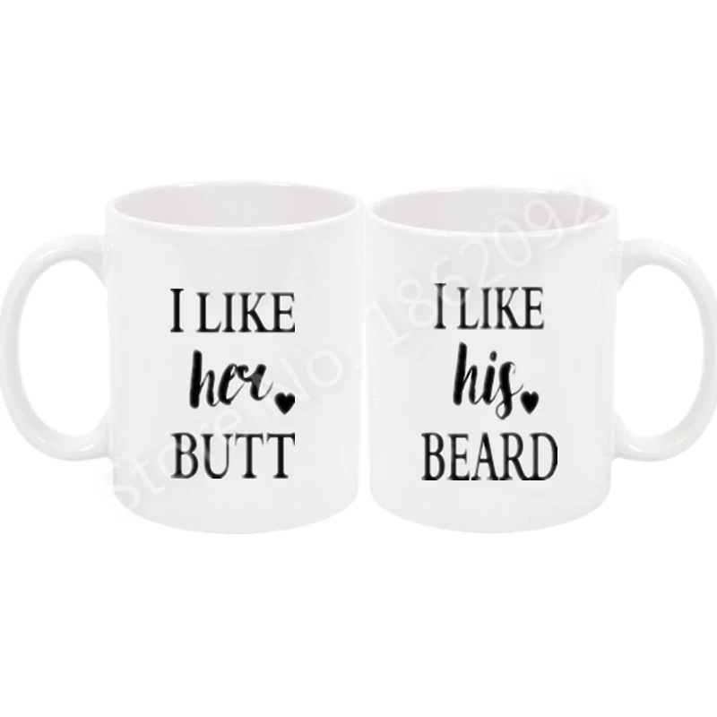 

Funny Anniversary Valentine Gifts I Like Her Butt I like His Beard Coffee Tea Cups Mugs Set for Couple Joke Humor Matching Cups