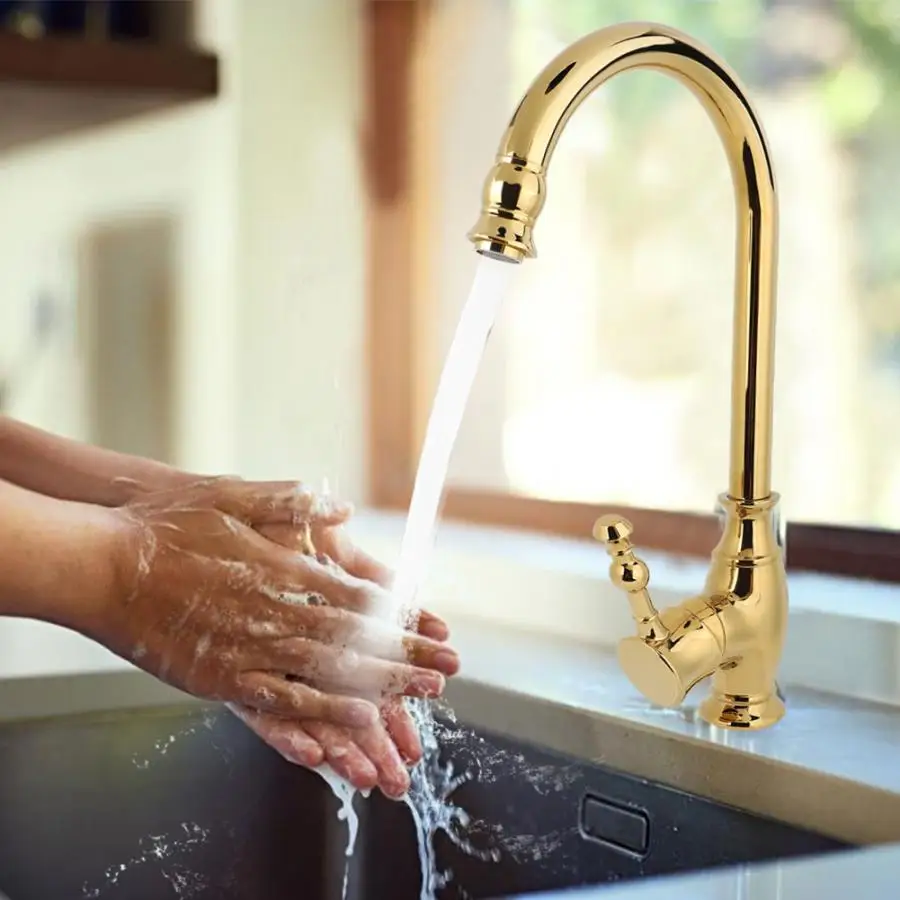 Золотой антикварный смеситель для раковины кухонный кран холодной и горячей