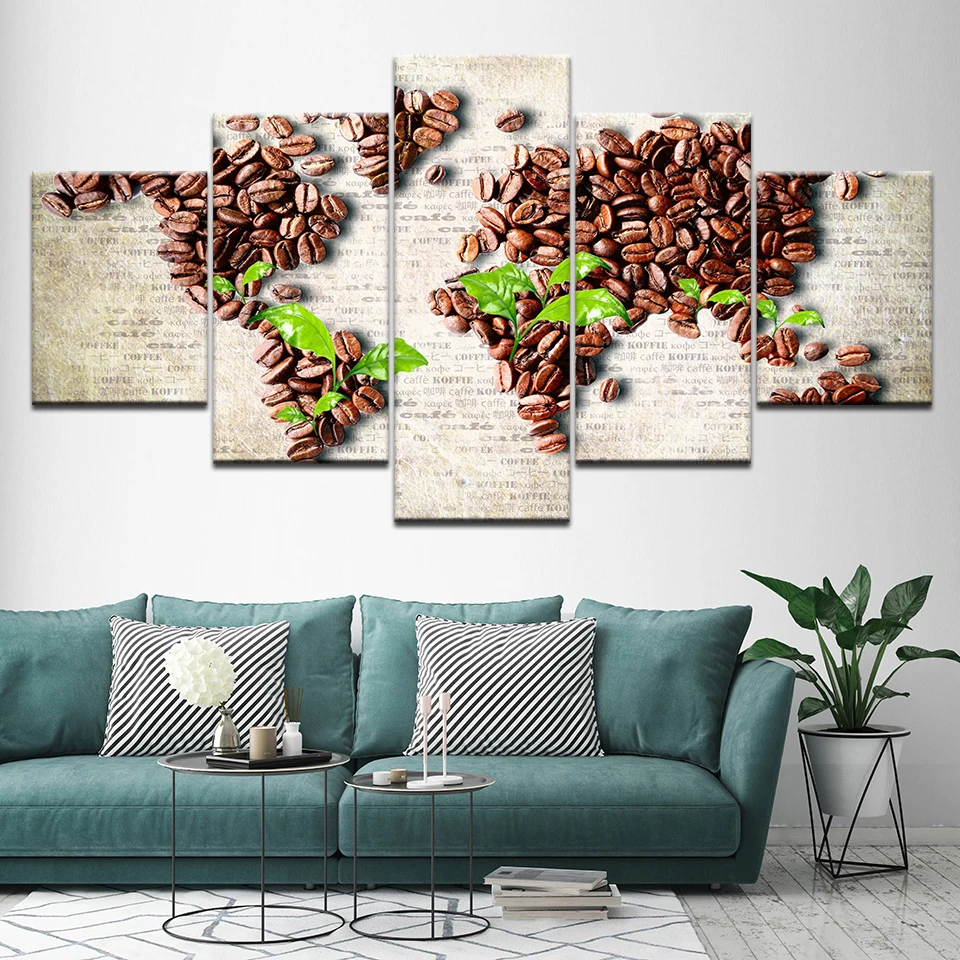Картина на холсте с зелеными листьями кофейных зерен 5 шт. Настенная картина
