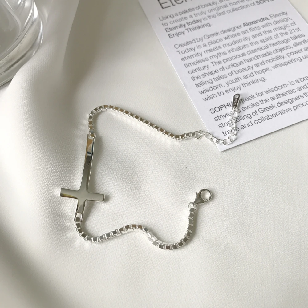 bracelet 2 мм коробка цепь геометрический поперечный крест браслет из белого золота более 925 стерлингового серебра браслеты унисекс Иисуса Христианские ювелирные изделия - Цвет камня: bracelet