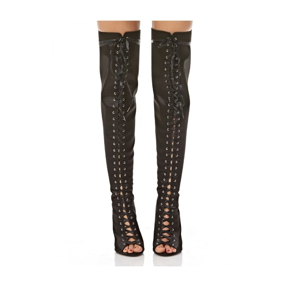 FSJ Black Satin Cross Tied Over the Knee High Women Boots Peep Toe Stiletto Heel Long Booties Fashion Party Sexy 2021 Autumn | Обувь