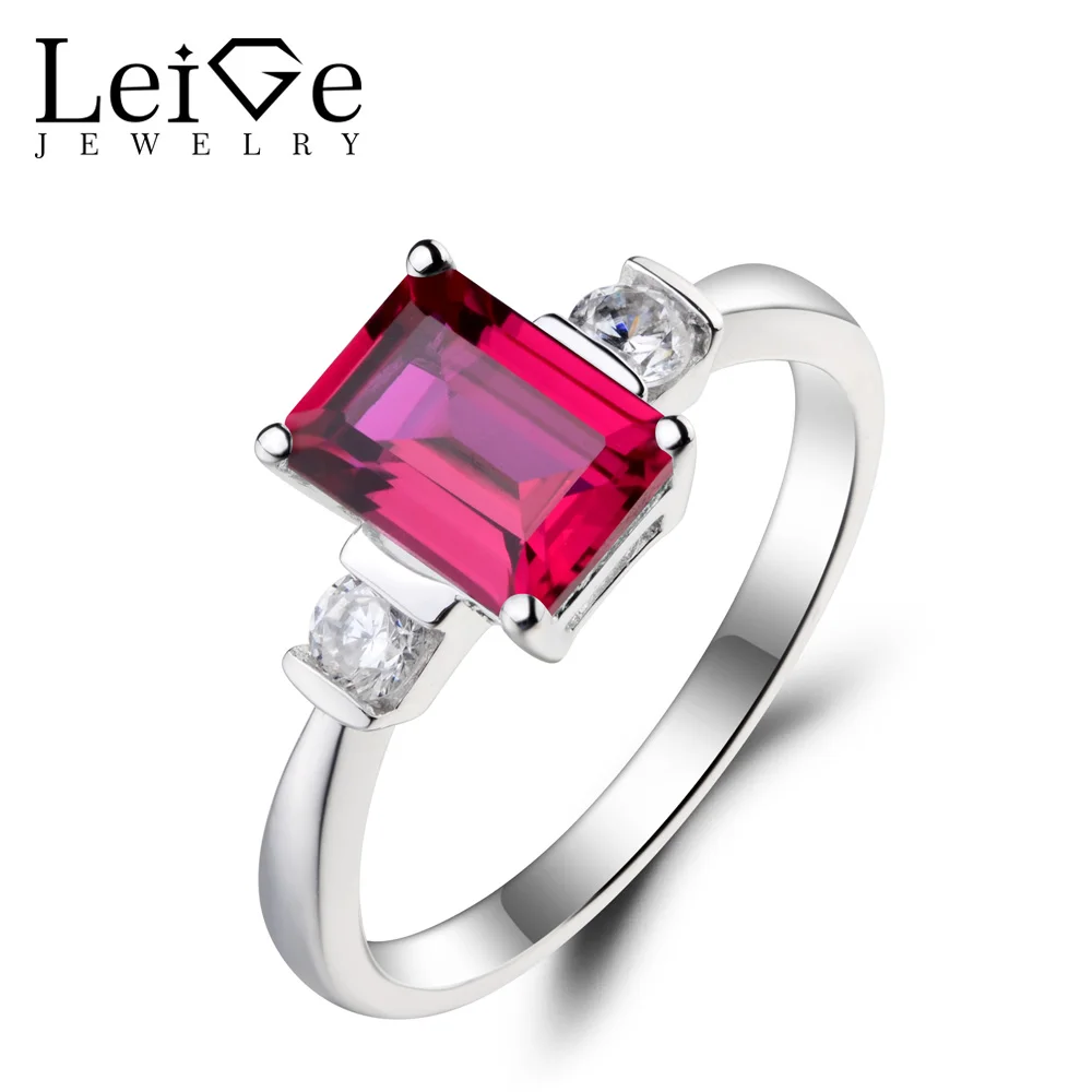 

Leige Jewelry Red Ruby Ring Ruby Proposal Ring July Birthstone Emerald Cut Red Gemstone 925 Sterling Silver Gifts Romantic Gifts