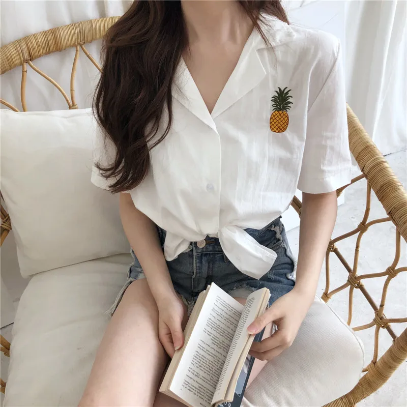 2019 женские рубашки в стиле Харадзюку с ананасами корейские топы воротником