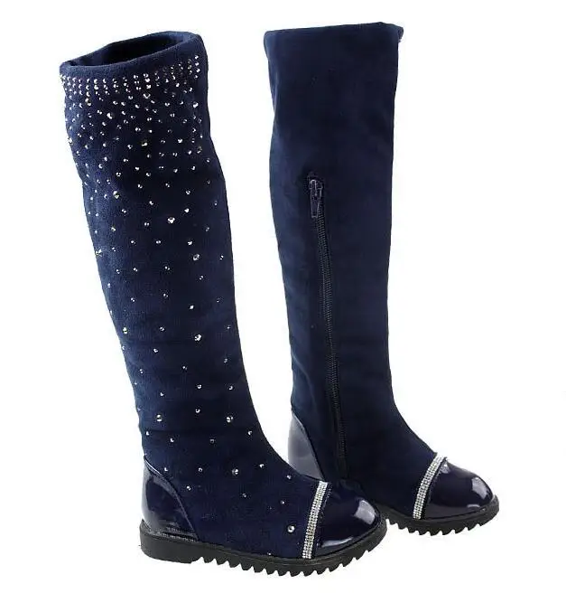 Fur boots blue Модные стразы; Сапоги выше колена для девочек; высокие сапоги принцессы; сезон осень-зима; детские сапоги на нескользящей резиновой подошве; детская обувь - Цвет: Fur boots blue