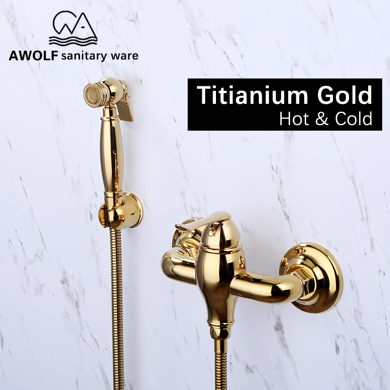 

Hand Held Bidet Sprayer Solid Brass Titianium Gold Hot And Cold Mixer Valve Faucet Toilet Shattaf Douche Kit Shower Set AP2186