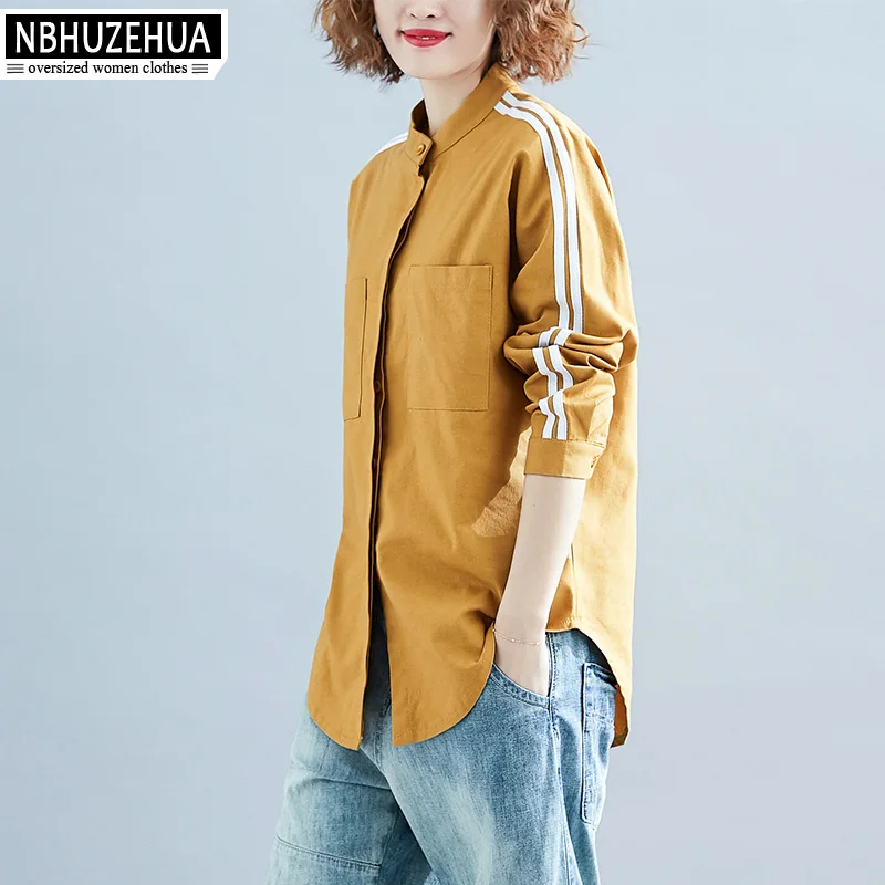 NBHUZEHUA 2019 Весенняя женская блузка с длинным рукавом Женская белая в полоску 4XL 5XL