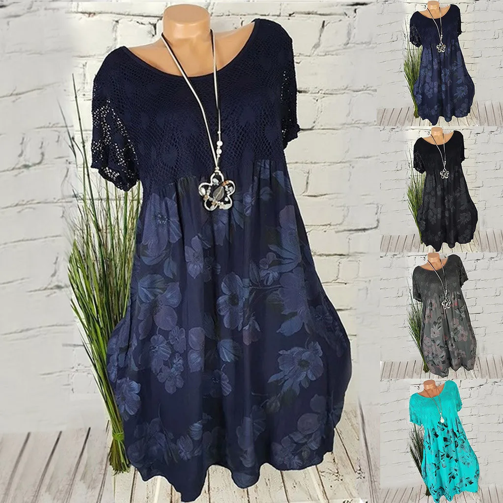 Размера плюс Летняя мода Boho печати кружева свободная женская блузка Футболки женские футболка с коротким рукавом Blusas Femininas пуловер