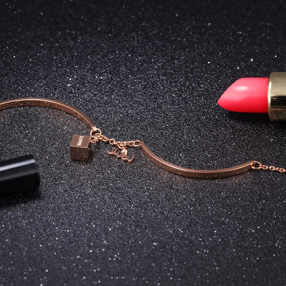 Fashion Stainless Steel Chain Bangles Bracelets For Women Love Letter &amp Cube Rose Gold Color Extended Charm Jewelry | Украшения и