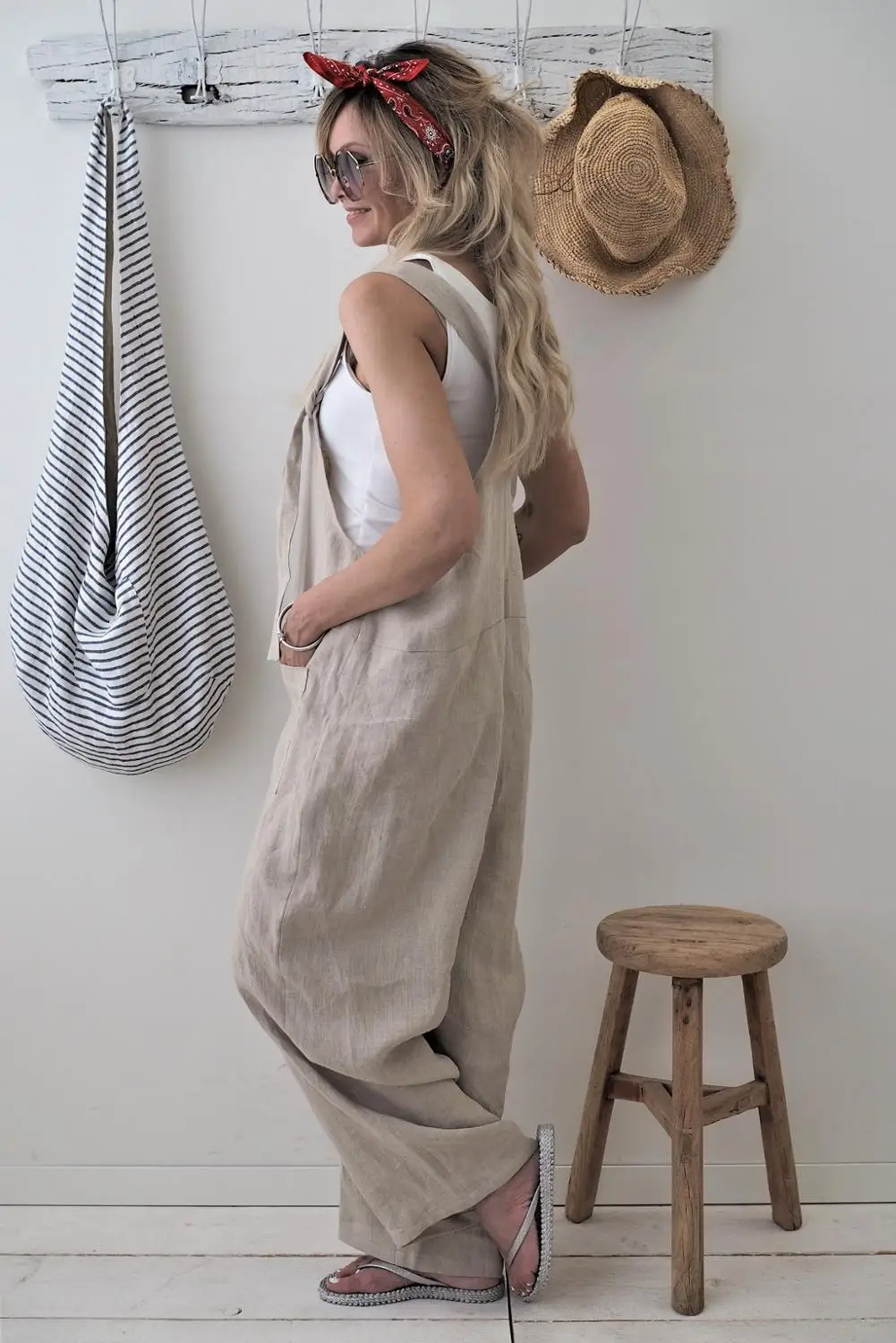Женский комбинезон свободного покроя повседневный льняной хлопковый большого