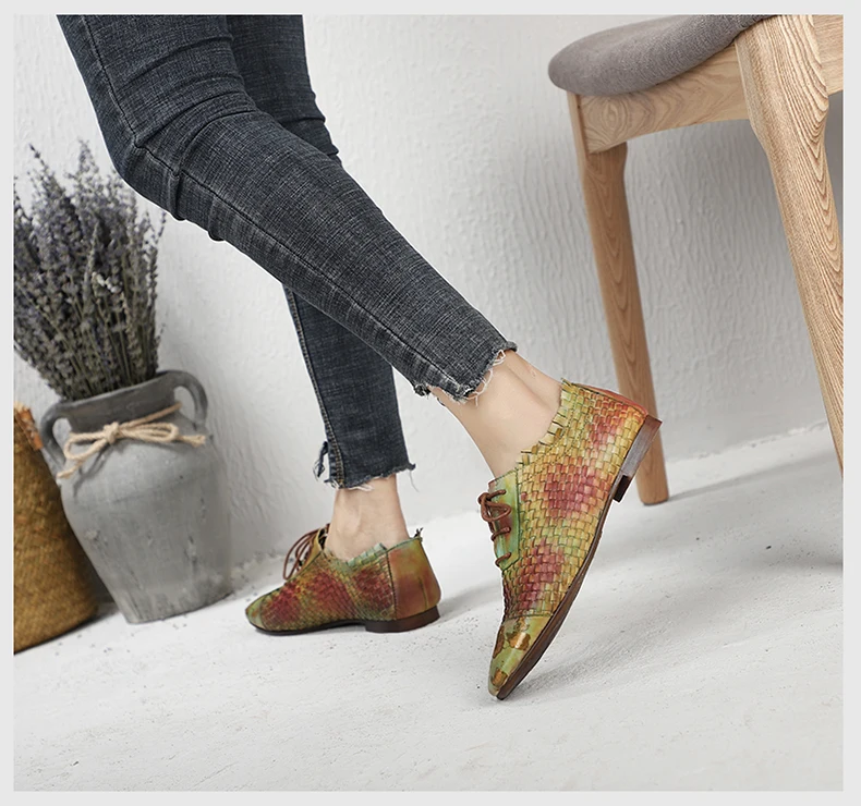 Woven Shoes Woman Latest Design Female Colorful Flat Shoes Hand-Painted Lace-Up Lady Casual Shoes Square Toe Footwear