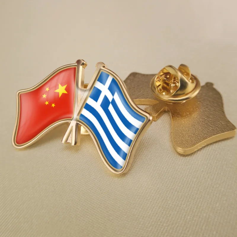 

China and Greece Crossed Double Friendship Flags Lapel Pins Brooch Badges