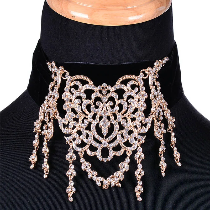 Gold Silver Rhinestone Tassels Chokers Necklace Romantic Women Maxi Statement Necklace With Velvet Fashion Jewelry Gift For Lady