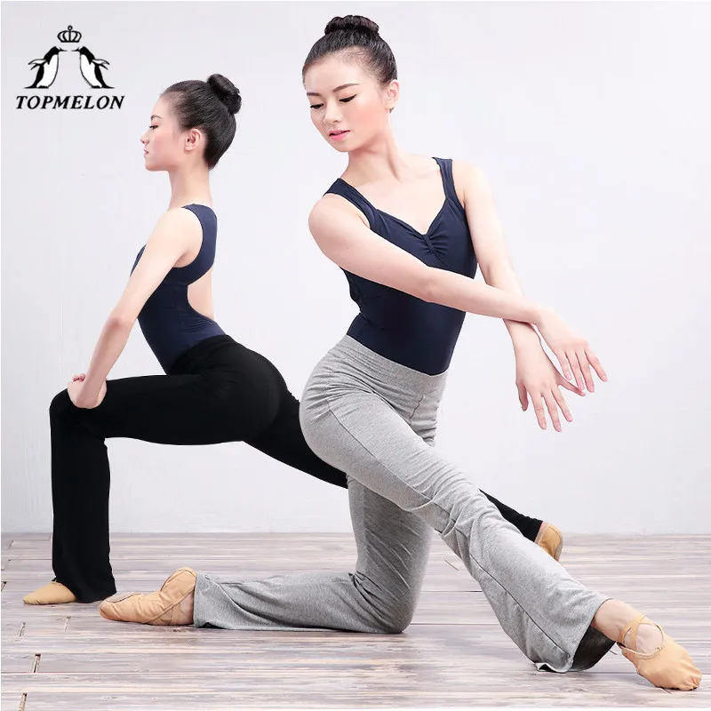 TOPMELON Pants for Ballet Dance Cotton Long Bell Bottom Trousers Women Flexible Stretch Fitness Yoga Dancing Pants Black Grey