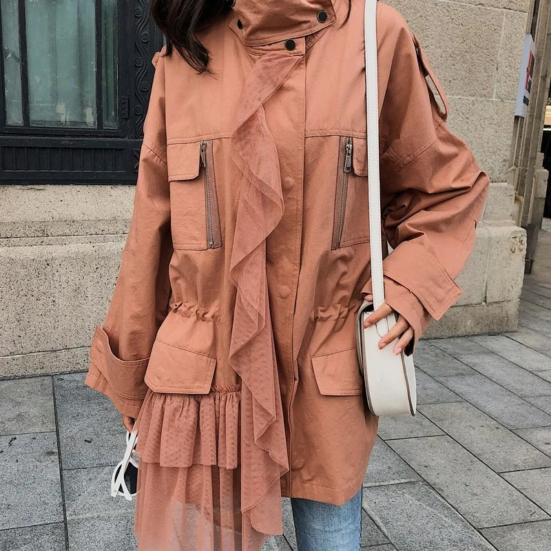 TWOTWINSTYLE Patchwork Mesh Windbreaker Coats Women Long Sleeve Trench Coat Female Casual Tops 2018 Autumn Big Sizes New | Женская