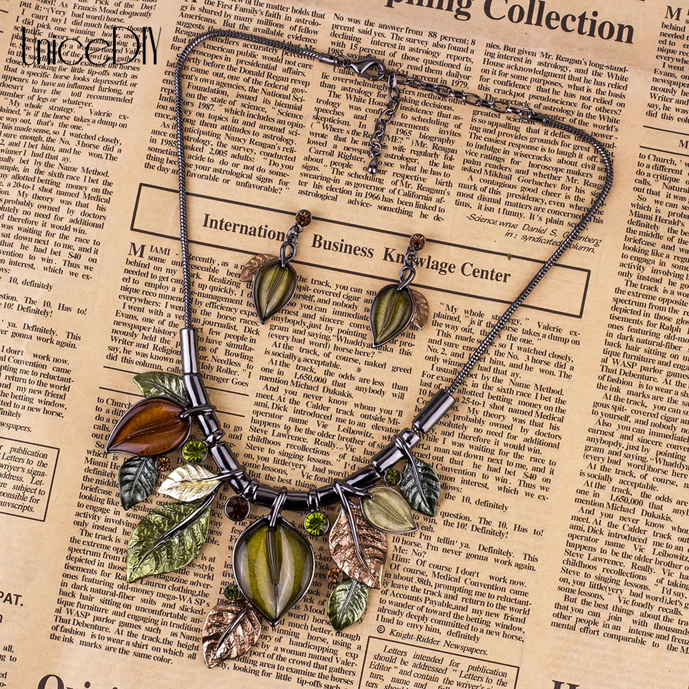MS1504796 Fashion Jewelry Sets High Quality Necklace For Women Black zinc Plated Crystal Resin Leaf Design Gift |