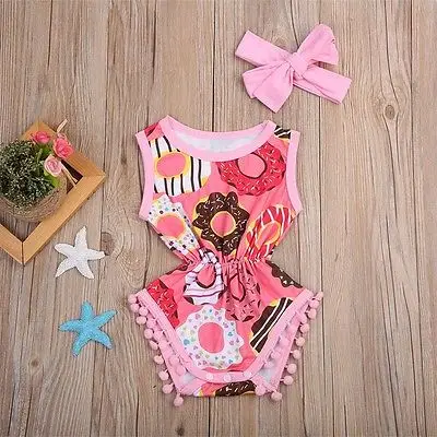 2019 Summer Baby Newborn Infant Girls Donuts Romper Sunsuit Sleeveless Tassle Jumpsuit Casual Clothing Outfits | Мать и ребенок