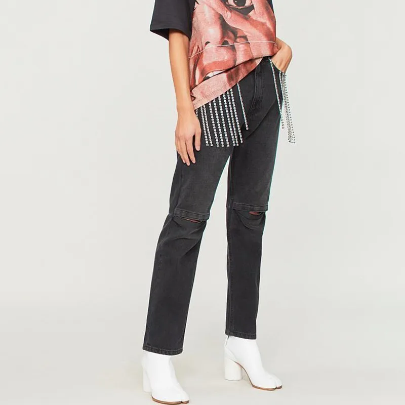 Женские джинсовые брюки TWOTWINSTYLE с бахромой и стразами в стиле пэчворк уличная