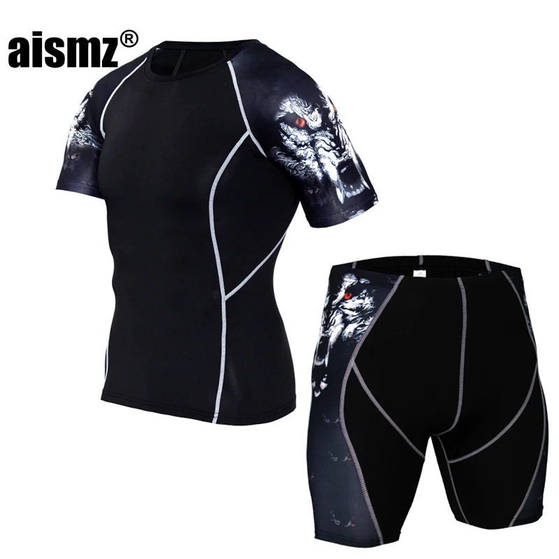 

Aismz Men Compression Shirt Base Short Sleeve t shirts Side 3D Print Hot Bottom Rashguard Tights Fitness Sportswear Men's Set