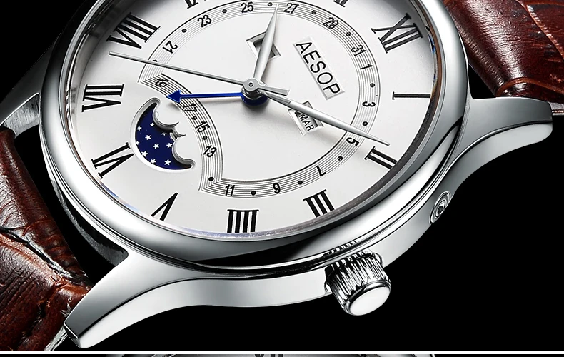 Новинка AESOP часы для мужчин сапфировое стекло кварцевые наручные часы Moon Phase Кожа Мужские часы Relogio Masculino Hodinky reloj hombr