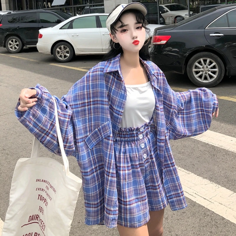 Летний новый комплект из двух предметов Женская свободная длинная клетчатая