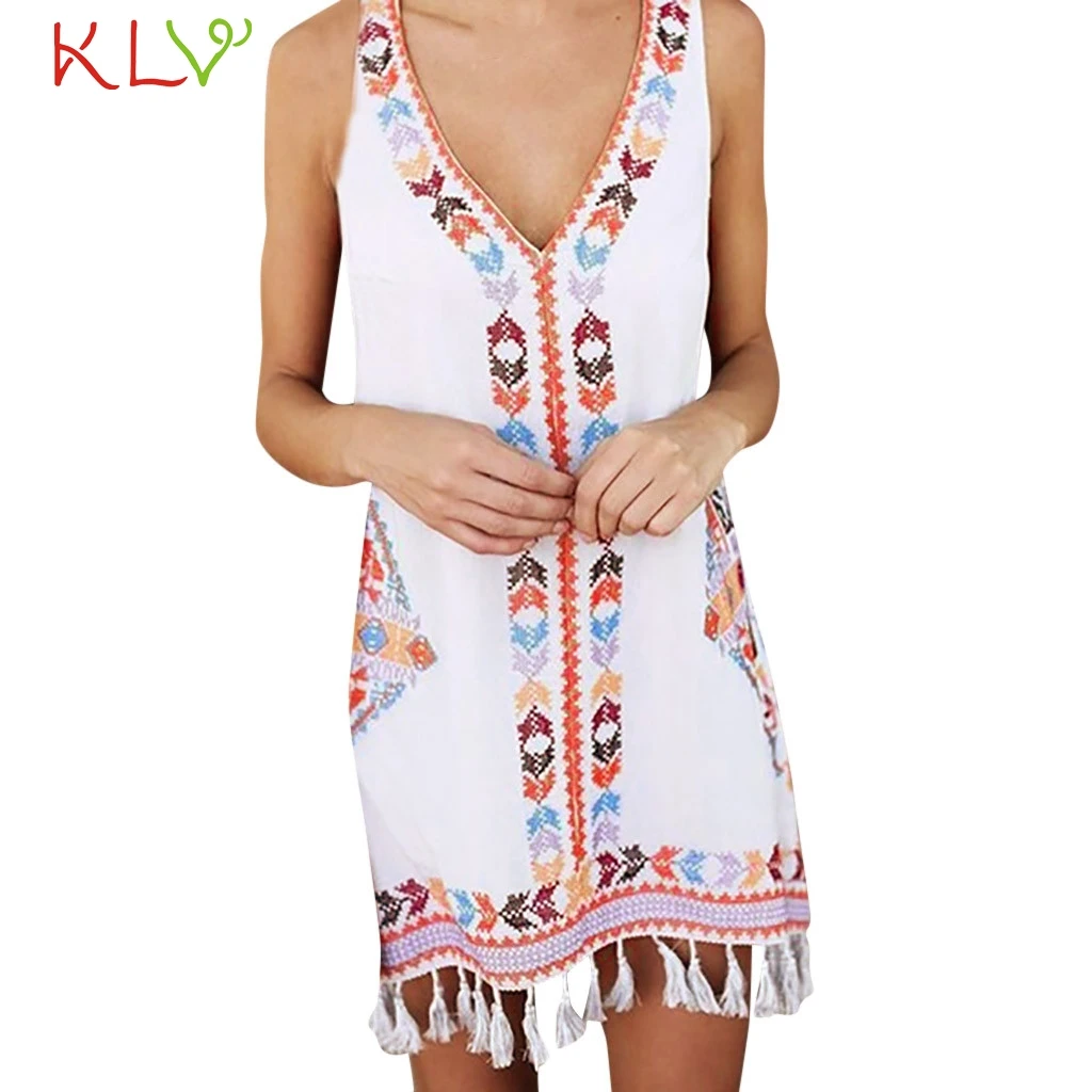 Женское платье с кисточками Boho сексуальное повседневное пляжное мини для