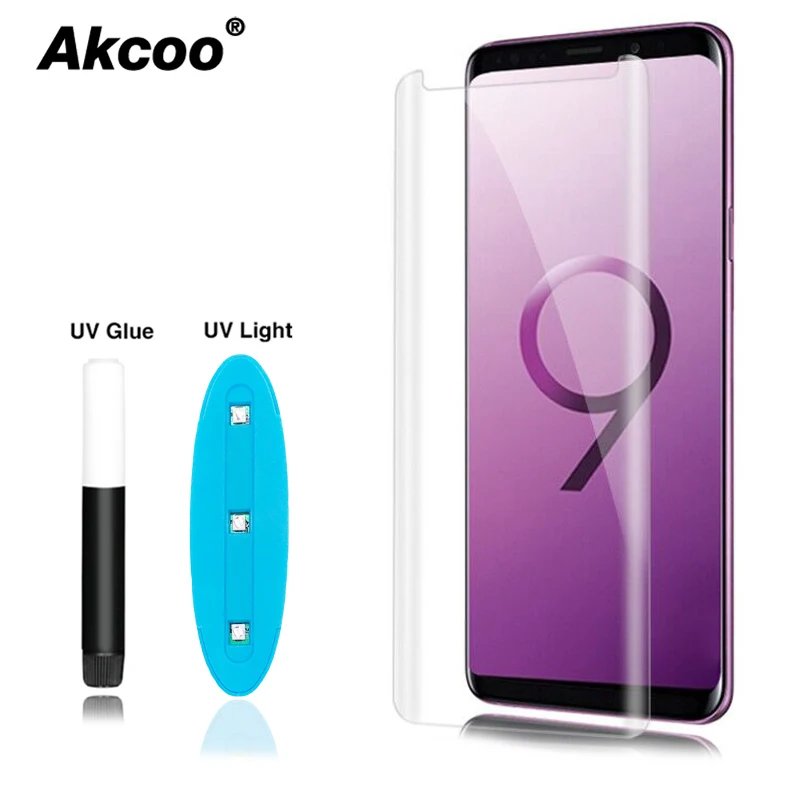 

Akcoo S9 Plus screen protector with UV Liquid adhesive for Samsung Note 8 Note 9 S8 Plus S6 S7 edge full glue glass screen film