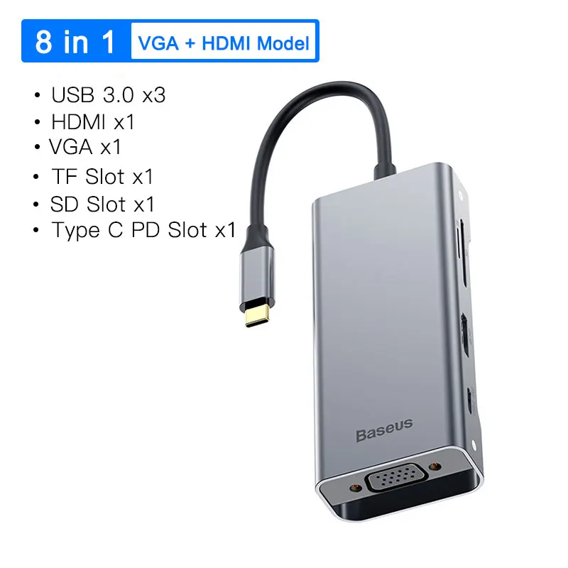 8 in 1 USB C HUB Baseus Мульти USB C концентратор для HDMI USB 3,0 SD TF кард-ридер VGA адаптер USB разветвитель для MacBook Pro Air type C зарядка USB C док-станция - Цвет: 8 in 1 USB C HUB