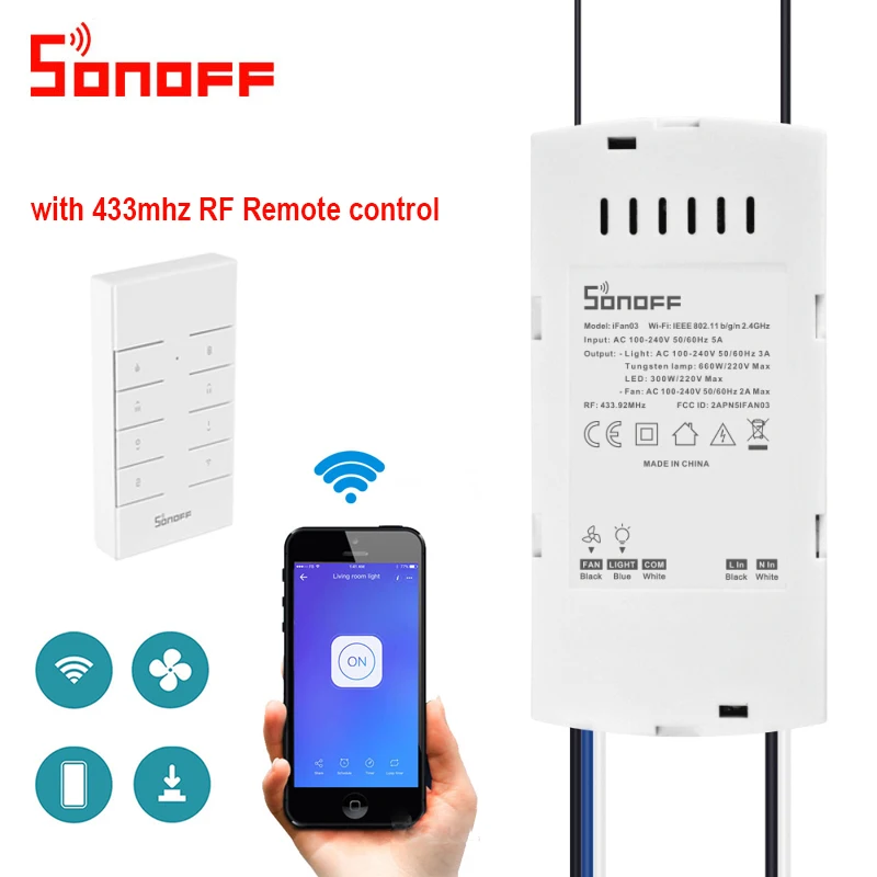 Sonoff IFan03 вентилятор, умный переключатель, преобразующий вентилятор в Wifi, умное управление, регулировка скорости, диммер, 433 МГц, Радиочастотное управление, работа с Alexa eWelink