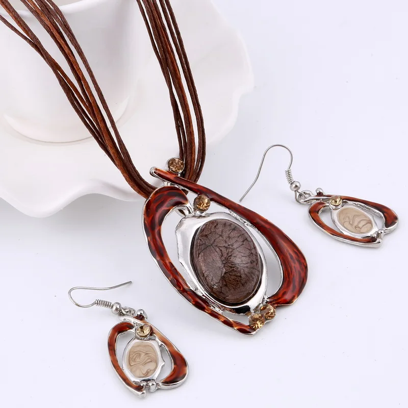 MINHIN Retro Simulated Gemstone Jewelry Set Multi Layers Wax Rope Necklace Earring Lady Luxury Rhinestone Party Accessory | Украшения и