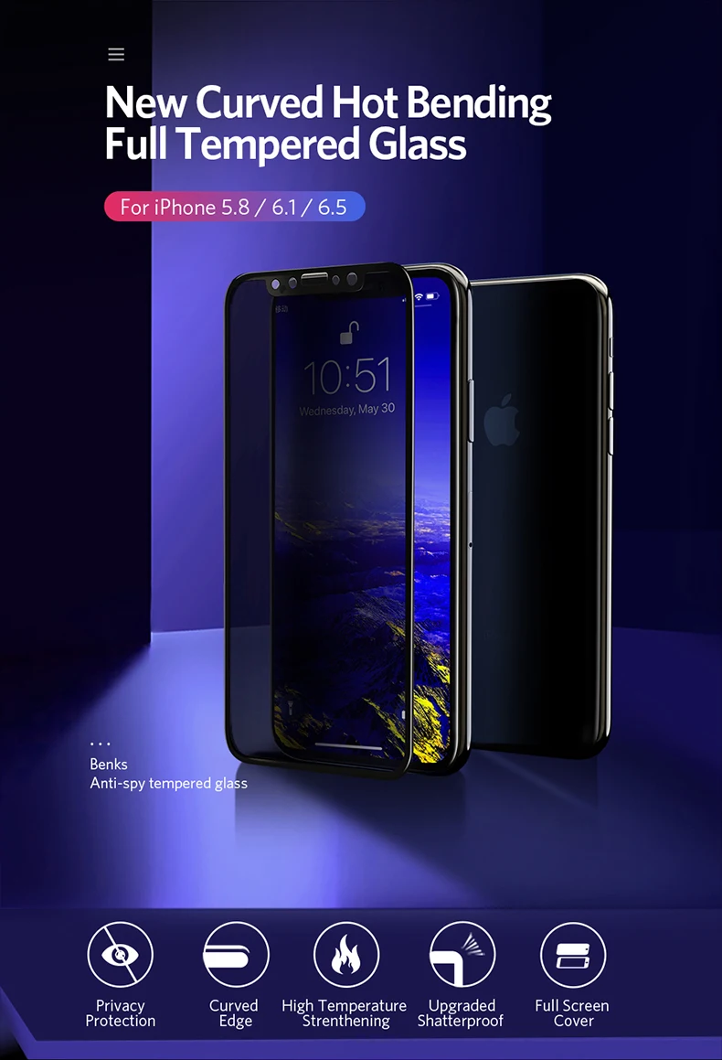 Benks Защитное стекло для iPhone XS 5,8/XR 6,1/XS Max 6,5 Антибликовая Защитная пленка для iPhone X закаленное стекло