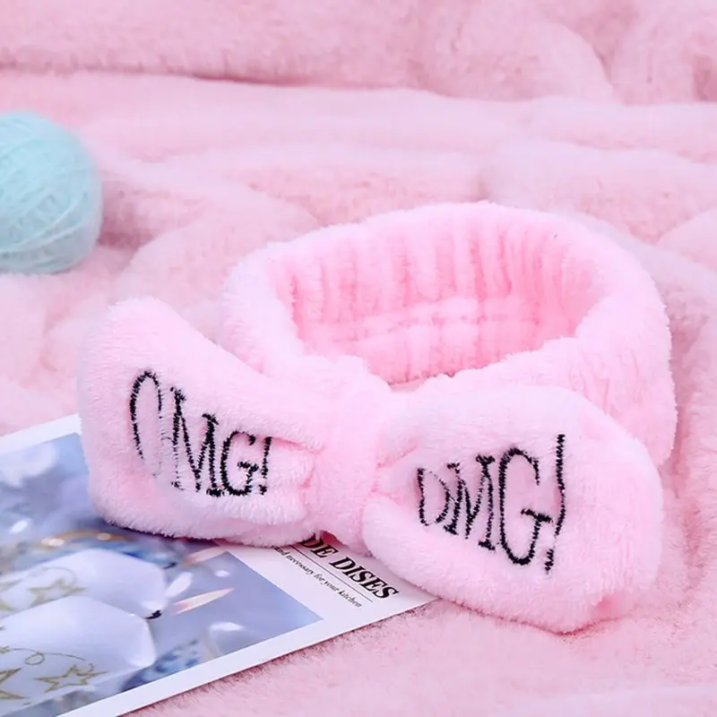 

Women Girls SPA Wide Headband Cute Bowknot OMG Letters Embroidered Hairband Elastic Makeup Flannel Turban Candy Color Headwrap